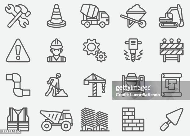 ilustraciones, imágenes clip art, dibujos animados e iconos de stock de bajo los iconos de línea de construcción - road construction