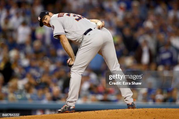 Justin Verlander of the Houston Astros stands on the pitcher's mound during the second inning against the Los Angeles Dodgers in game six of the 2017...
