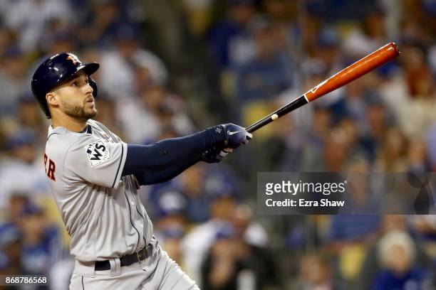 George Springer of the Houston Astros hits a solo home run during the third inning against the Los Angeles Dodgers in game six of the 2017 World...