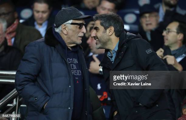 Gerard Darmon and Ary Abittan attend the UEFA Champions League group B match between Paris Saint-Germain and RSC Anderlecht at Parc des Princes on...