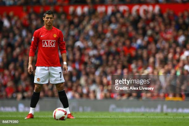 Cristiano Ronaldo of Manchester United lines up a free kick during the Barclays Premier League match between Manchester United and Manchester City at...