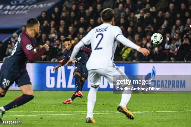 Neymar Jr of PSG taking a freekick during the UEFA Champions League match between Paris Saint-Germain and RSC Anderlecht at Parc des Princes on...
