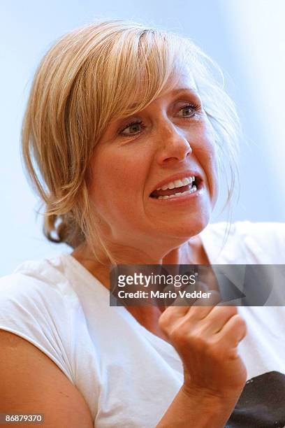 Host Andrea Kiewel attends a press conference after the live broadcast of her TV Show 'ZDF Fernsehgarten' at the ZDF TV gardens on May 10, 2009 in...