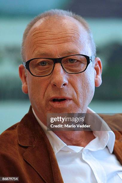 The head of ZDF entertainment, Manfred Teubner, attend a press conference after the live broadcast of the TV Show 'ZDF Fernsehgarten' at the ZDF TV...