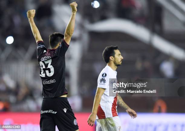 Rolando Garcia of Lanus celebrates after winning a second leg match between Lanus and River Plate as part of the semifinals of Copa CONMEBOL...