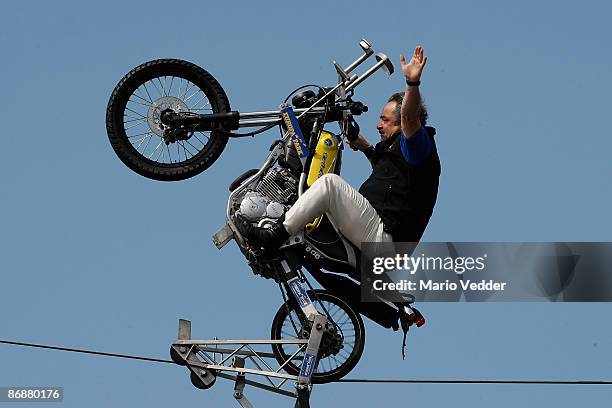 Johann Traber sen. Is preparing for a motorbike act at the live broadcast of the TV Show 'ZDF Fernsehgarten' at the ZDF TV gardens on May 10, 2009 in...