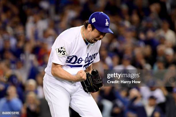 Kenta Maeda of the Los Angeles Dodgers reacts after the final out in the seventh inning against the Houston Astros during game six of the 2017 World...