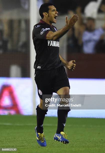 Jose Sand of Lanus celebrates after scoring the second goal of his team during a second leg match between Lanus and River Plate as part of the...