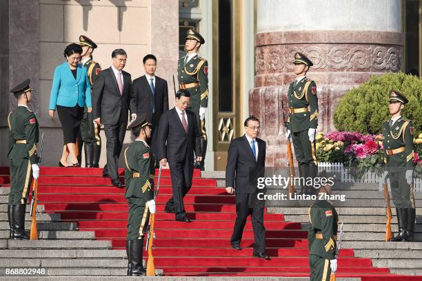 Chinese Premier Li Keqiang with Chinese Vice Premier Liu Yandong, Wang Yang, Zhang Gaoli attend a welcoming ceremony for Russia's Prime Minister...