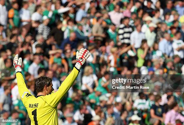 Tim Wiese, goalkeeper of Bremen gestures during the Bundesliga match between Werder Bremen and Hamburger SV at the Weser stadium on May 10, 2009 in...