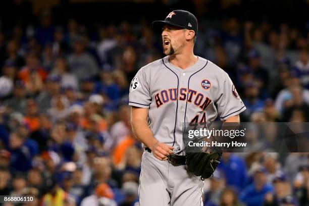 Luke Gregerson of the Houston Astros reacts during the eighth inning against the Los Angeles Dodgers in game six of the 2017 World Series at Dodger...