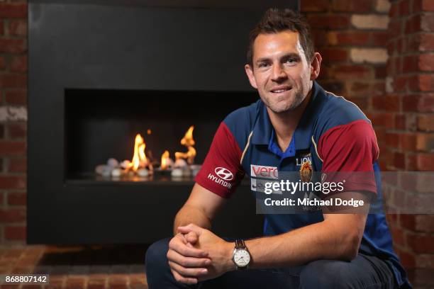 Brisbane Lions recruit Luke Hodge poses during a Brisbane Lions AFL media opportunity at WRAP on Southbank on November 1, 2017 in Melbourne,...