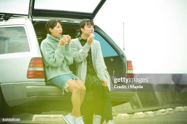 they take a sandwich lunch at the beachfront parking lot. . - estate car stock pictures, royalty-free photos & images