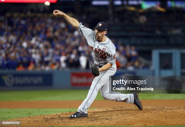 Luke Gregerson of the Houston Astros pitches during Game 6 of the 2017 World Series against the Los Angeles Dodgers at Dodger Stadium on Tuesday,...