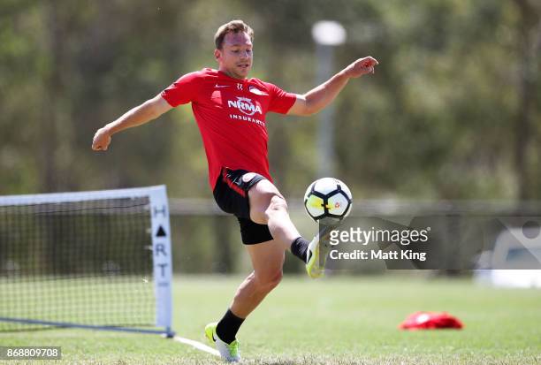 Brendon Santalab of the Wanderers controls the ball during a Western Sydney Wanderers A-League training session at Blacktown International Sportspark...