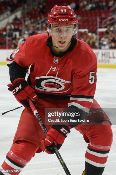 Carolina Hurricanes Winger Janne Kuokkanen skates after a puck during a game between the Anaheim Ducks and the Carolina Hurricanes at the PNC Arena...