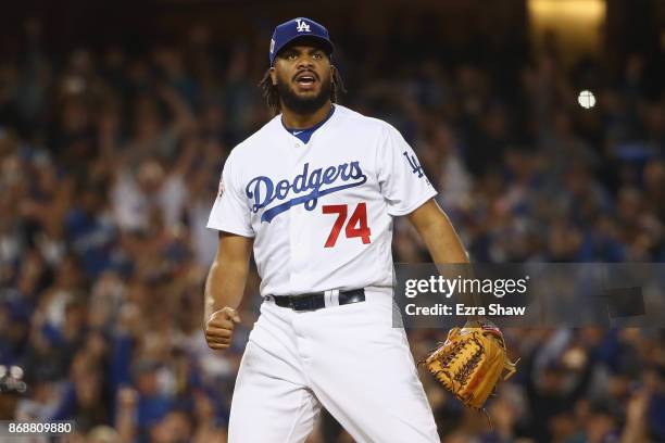 Kenley Jansen of the Los Angeles Dodgers reacts after defeating the Houston Astros 3-1 in game six of the 2017 World Series at Dodger Stadium on...