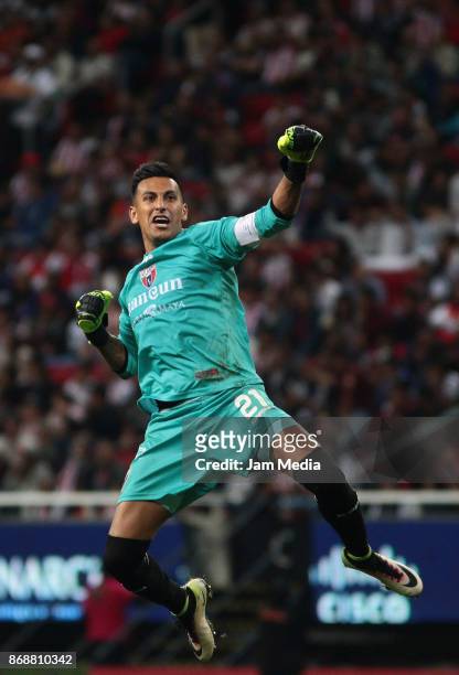 Gerardo Ruiz goalkeeper of Atlante celebrates after winning in the penalty series the quarter final match between Chivas and Atlante as part of the...