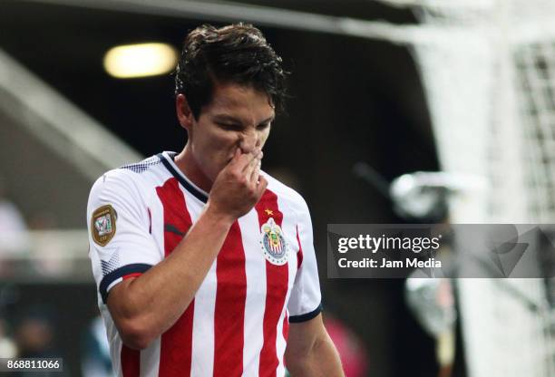 Carlos Fierro of Chivas gestures during the quarter final match between Chivas and Atlante as part of the Copa MX Apertura 2017 at Chivas Stadium on...