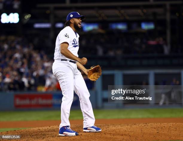 Kenley Jansen of the Los Angeles Dodgers reacts after the final out of Game 6 of the 2017 World Series against the Houston Astros at Dodger Stadium...