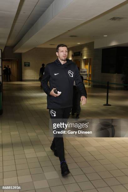 Mirza Teletovic of the Milwaukee Bucks arrives before the game against the Oklahoma City Thunder on October 31, 2017 at the BMO Harris Bradley Center...