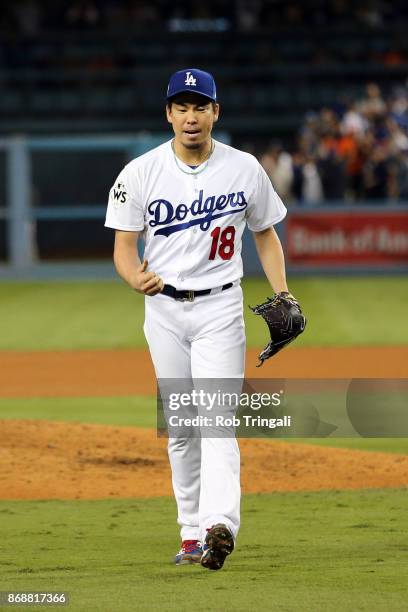 Kenta Maeda of the Los Angeles Dodgers reacts getting the final out of the seventh inning during Game 6 of the 2017 World Series against the Houston...