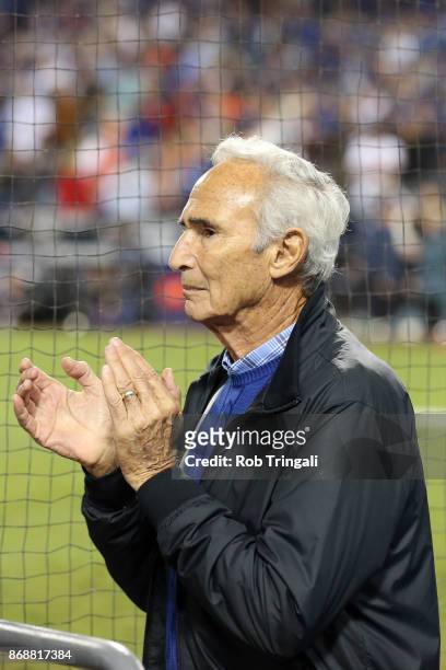 Hall of Famer Sandy Koufax cheers during Game 6 of the 2017 World Series between the Houston Astros and the Los Angeles Dodgers at Dodger Stadium on...