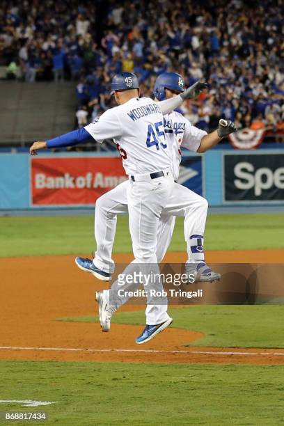 Joc Pederson of the Los Angeles Dodgers rounds the bases after hitting a solo home run in the seventh inning during Game 6 of the 2017 World Series...
