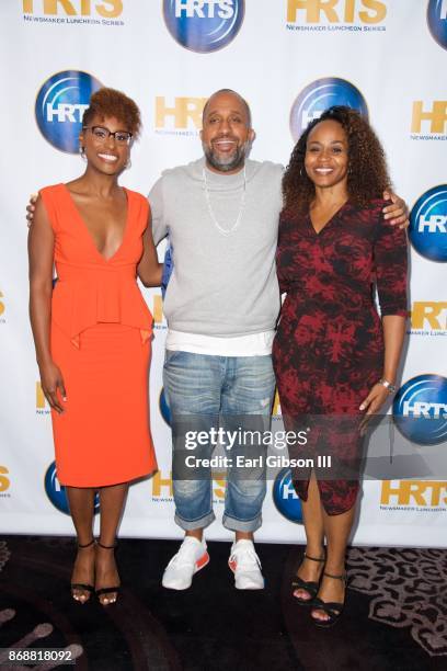 Issa Rae, Kenya Barris and Pearlena Igbokwe attend HRTS Hosts Annual Hitmakers Luncheon at The Beverly Hilton Hotel on October 31, 2017 in Beverly...