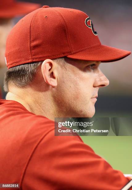 Manager A. J. Hinch of the Arizona Diamondbacks looks on from the dugout during the game against the Washington Nationals during the major league...