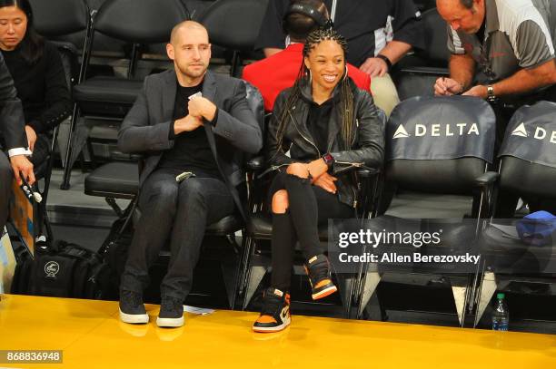 Allyson Felix attends a basketball game between the Los Angeles Lakers and the Detroit Pistons at Staples Center on October 31, 2017 in Los Angeles,...