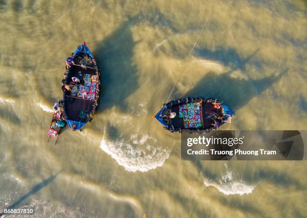 fishing boats are carrying fish to shore. - fischfutter stock-fotos und bilder