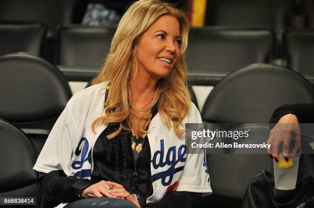 Jeanie Buss attends a basketball game between the Los Angeles Lakers and the Detroit Pistons at Staples Center on October 31, 2017 in Los Angeles,...