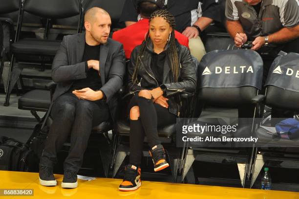 Allyson Felix attends a basketball game between the Los Angeles Lakers and the Detroit Pistons at Staples Center on October 31, 2017 in Los Angeles,...