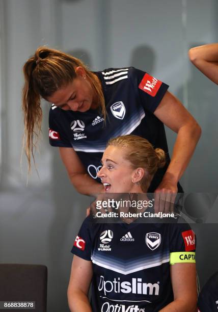 Laura Alleway and Natasha Dowie are seen during a Melbourne Victory W-League portrait session on November 1, 2017 in Melbourne, Australia.
