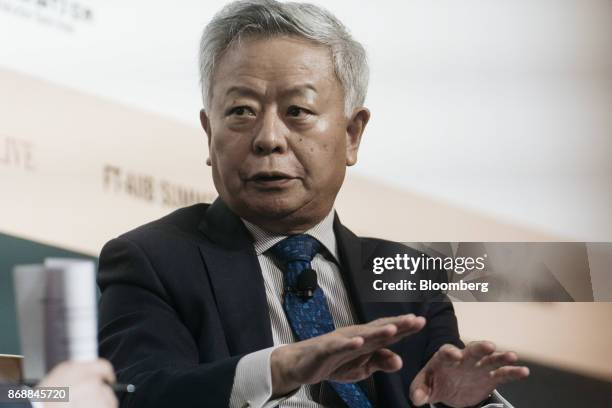 Jin Liqun, president of the Asian Infrastructure Investment Bank , speaks during the FT-AIIB Summit in Hong Kong, China, on Wednesday, Nov. 1, 2017....