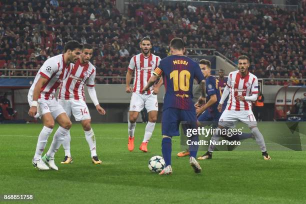 Lionel Messi of Barcelona in action during the UEFA Champions League group D football match between FC Barcelona and Olympiakos FC at the Karaiskakis...