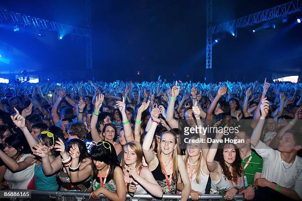 The crowd dance to The Prodigy at Day 2 of Radio 1's Big Weekend held at Lydiard Country Park on May 10, 2009 in Swindon, England.