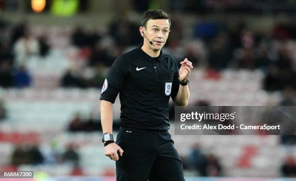 Referee Tony Harrington during the Sky Bet Championship match between Sunderland and Bolton Wanderers at Stadium of Light on October 31, 2017 in...