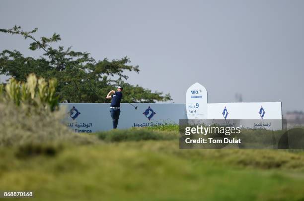 Robin Sciot-Siegrist of France tees off on the 9th hole during day one of the NBO Golf Classic Grand Final at Al Mouj Golf on November 1, 2017 in...