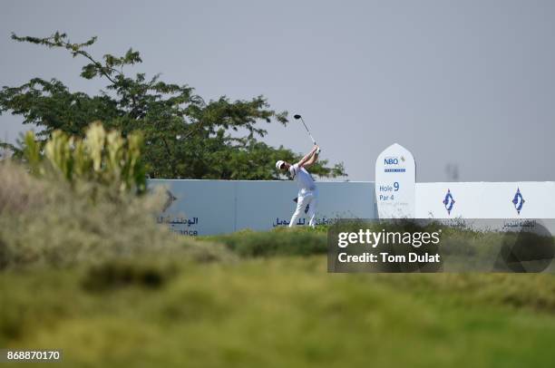 Jens Dantorp of Sweden tees off on the 9th hole during day one of the NBO Golf Classic Grand Final at Al Mouj Golf on November 1, 2017 in Muscat,...