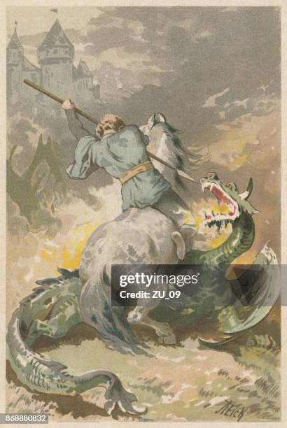 dragon slayer, lithographie, 1898 veröffentlicht - wurfspeer stock-grafiken, -clipart, -cartoons und -symbole