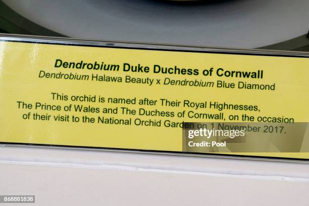Sign is displayed as Prince Charles, Prince of Wales and Camilla, Duchess of Cornwall take part in an Orchid Naming ceremony - where they had a new...