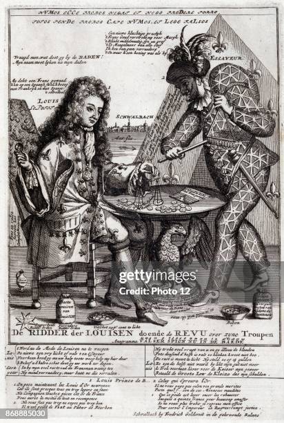 Print shows, on the left, Louis, Duke of Burgundy, identified as Louis Le Petit, sitting at a table outside a tent. In his right hand, he appears to...