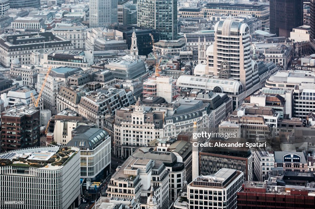 City Of London aerial view with Monument to the Great Fire, London, UK