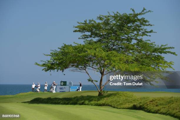 Charlie Ford of England tees off on the 18th hole during day one of the NBO Golf Classic Grand Final at Al Mouj Golf on November 1, 2017 in Muscat,...