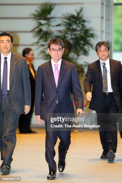 Foreign Minister Taro Kono is seen on arrival at the prime minister's official residence during the Lower House plenary session at the Diet Building...