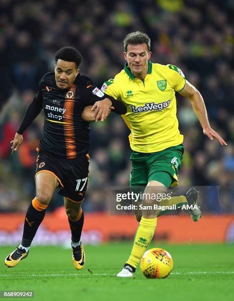 Helder Costa of Wolverhampton Wanderers and Christoph Zimmermann of Norwich City during the Sky Bet Championship match between Norwich City and...