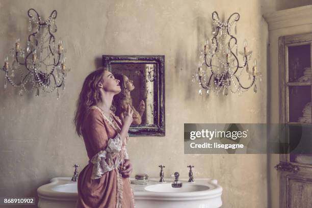 18th century woman in a castle - princess castle stock pictures, royalty-free photos & images
