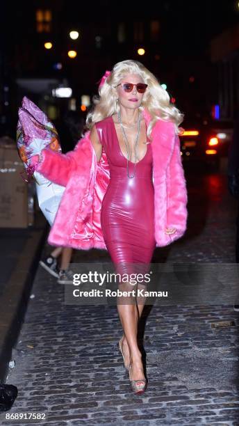 Bethenny Frankel seen out in a pink Marilyn Monroe costume for Halloween on October 31, 2017 in New York City.